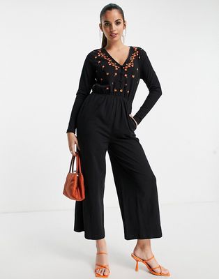 ASOS DESIGN button front embroidered tea jumpsuit in black-Multi
