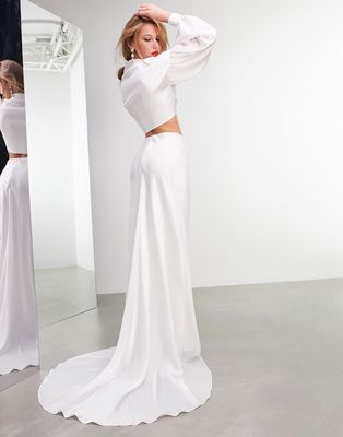ASOS Edition maxi skirt with slit front and train in ivory-White