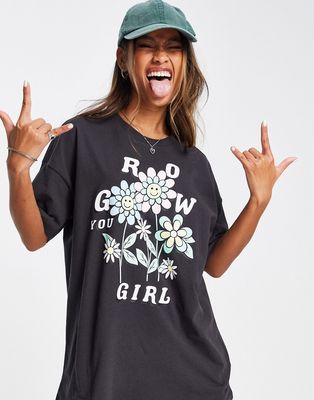 Only oversized grow you girl motif t-shirt in washed black