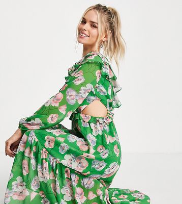 Miss Selfridge Petite Green Ruffle Cut out Printed Midi