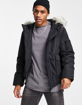 Only & Sons padded short jacket with faux fur hood in black