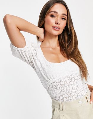 Fashion Union scoop neck puff sleeve blouse in stretch lace-White