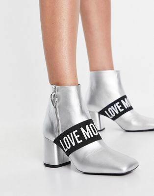 Love Moschino square toe heeled ankle boots in silver