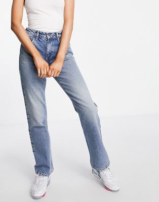 ASOS DESIGN premium hemp blend high rise loose flare jeans in mid blue