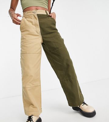 Topshop Petite contrast straight leg pants in khaki and stone - part of a set-Multi