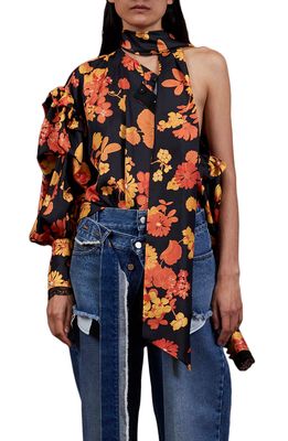 Meryll Rogge Floral Print Puff Sleeve Convertible Silk Blouse in Orange Multi