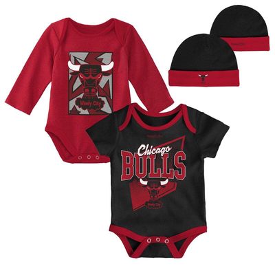 Newborn & Infant Mitchell & Ness Black/Red Chicago Bulls 3-Piece Hardwood Classics Bodysuits & Cuffed Knit Hat Set