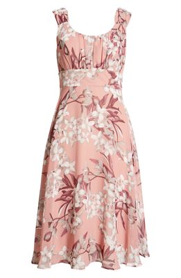 Connected Apparel Pleated Bodice Floral Print Chiffon Dress in Antique Rose
