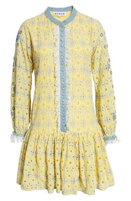 BAROK PARIS Embroidered Long Sleeve Drop Waist Minidress in Yellow