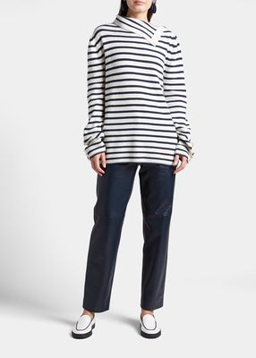 Stripe Turtleneck Pullover with Shoulder Buttons