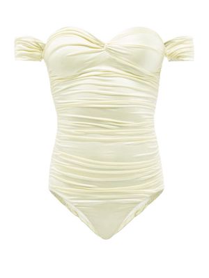 Isa Boulder - Together Off-the-shoulder Ruched Swimsuit - Womens - Light Yellow