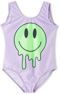 CRLNBSMNS Kids Purple Drippy Smiley One-Piece Swimsuit