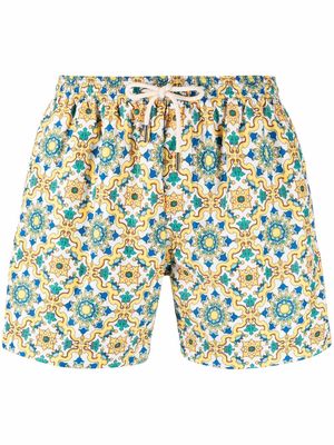 PENINSULA SWIMWEAR tile-print drawstring-waist swim shorts - Yellow