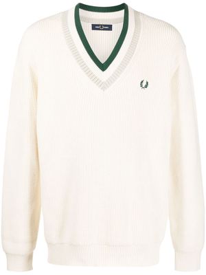 FRED PERRY stripe-trim V-neck jumper - Neutrals