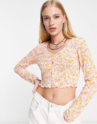 Only ribbed cropped cardigan in pastel floral-Multi