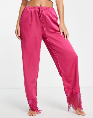 Loungeable satin pajama pants with lace trim in raspberry - part of a set-Red