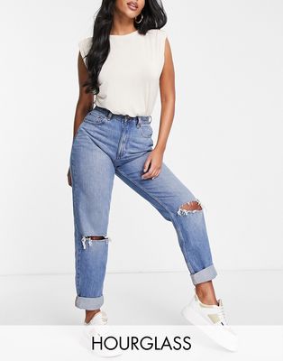 ASOS DESIGN Hourglass high waist 'slouchy' mom jean in stonewash with rips-Blue