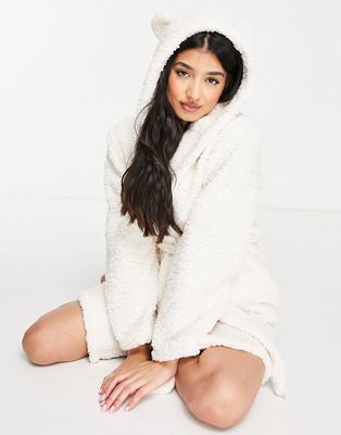 Loungeable soft sherpa hooded robe with ears in cream-White