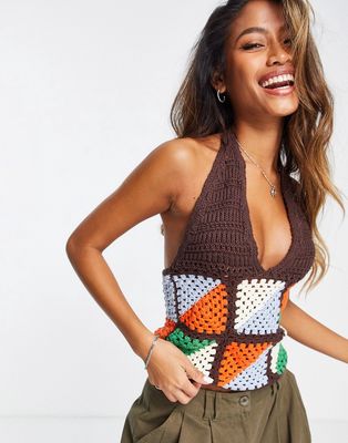 ASOS DESIGN crochet halter cami in brown patchwork