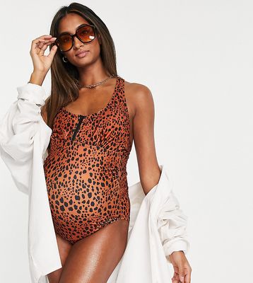Mamalicious Maternity nursing animal print zip front swimsuit in brown