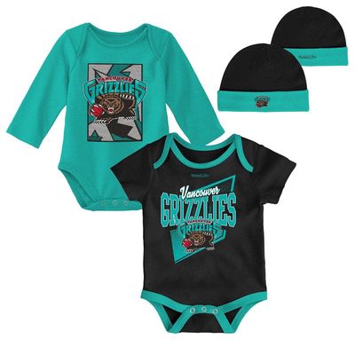 Infant Mitchell & Ness Black/Turquoise Vancouver Grizzlies Hardwood Classics Bodysuits & Cuffed Knit Hat Set