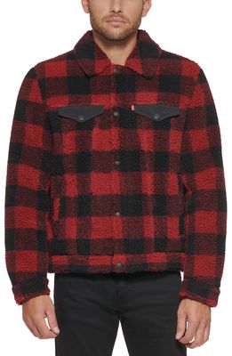 levi's High Pile Fleece Trucker Jacket in Red/Black Plaid