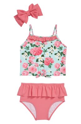 RuffleButts Kids' Rosy Sweetheart Ruffle Two-Piece Swimsuit with Headband in Pink