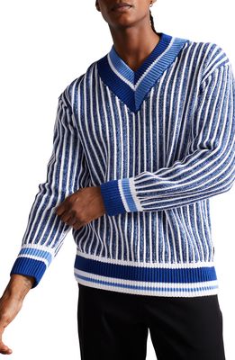 TED BAKER LONDON Redclif Relaxed Fit Stripe V-Neck Cricket Sweater in Bright Blue