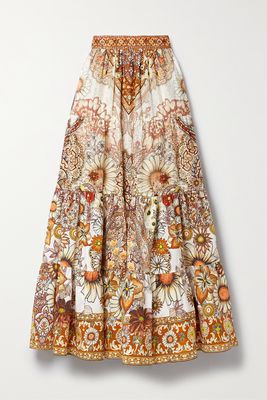 Camilla - Tiered Embellished Printed Cotton And Silk-blend Poplin Maxi Skirt - Brown