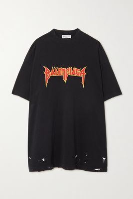 Balenciaga - Oversized Distressed Printed Cotton-jersey T-shirt - Black