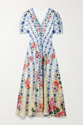 Saloni - Lea Floral-print Silk-jacquard Maxi Dress - Blue