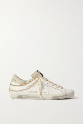 Golden Goose - Superstar Chain-embellished Distressed Leather And Suede Sneakers - White