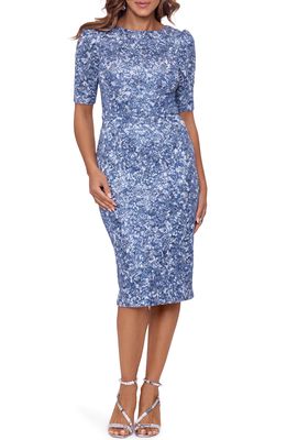 Xscape Sequin Embroidered Body-Con Cocktail Dress in Blue/Silver