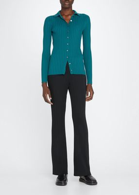 Rib-Knit Long-Sleeve Button-Front Top