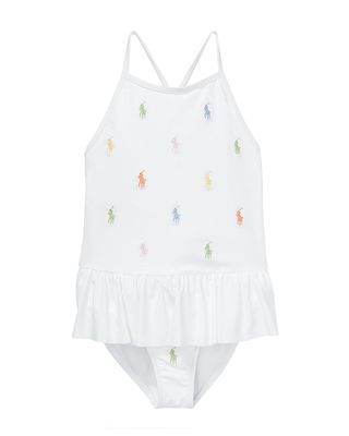 Girl's Multicolor Logo Embroidered One-Piece Swimsuit, Size 5-6X