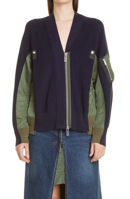 Sacai Hybrid Cotton & Nylon MA-1 Sweater Jacket in Navy
