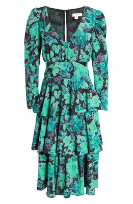 TOPSHOP Floral Print Long Sleeve Dress in Mid Green
