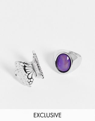 Reclaimed Vintage inspired unisex ring two pack with moodstone and butterfly in silver