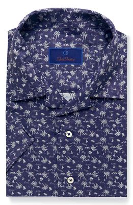 David Donahue Men's Tropical Print Short Sleeve Button-Up Camp Shirt in Navy