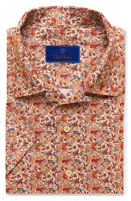David Donahue Men's Coral Print Short Sleeve Button-Up Camp Shirt