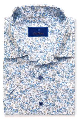 David Donahue Men's Sea Life Print Short Sleeve Button-Up Camp Shirt in White/Blue