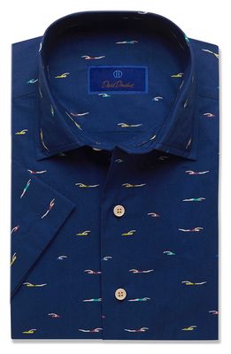 David Donahue Men's Swimmer Print Short Sleeve Button-Up Shirt in Navy
