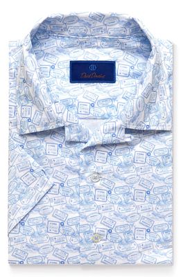 David Donahue Men's Passport Print Short Sleeve Button-Up Camp Shirt in White/Sky