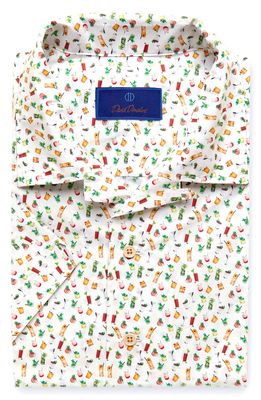 David Donahue Men's Cocktail Print Short Sleeve Button-Up Camp Shirt in White/Green