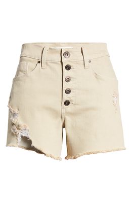 Whetherly Delon Button Fly High Waist Cutoff Denim Shorts in Light Tan