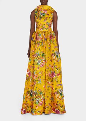 Floral-Print Boat-Neck Fit-&-Flare Gown