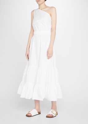 Romy Poplin One-Shoulder Tiered Midi Dress