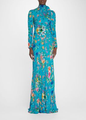 Floral-Print Scarf-Neck Silk Trumpet Gown