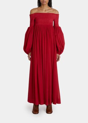 Shirred Off-The-Shoulder Puff-Sleeve Maxi Dress