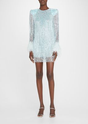 Sequin-Embellished Feather-Cuff Mini Dress